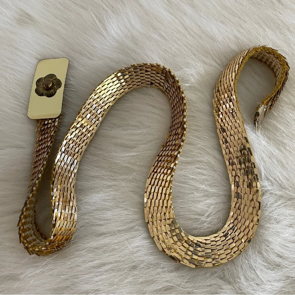 Vintage Stretchy Sequin Gold Floral Buckle Belt